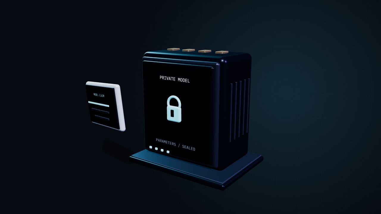 A closed model vault beside a model claim, from the AI verification research film
