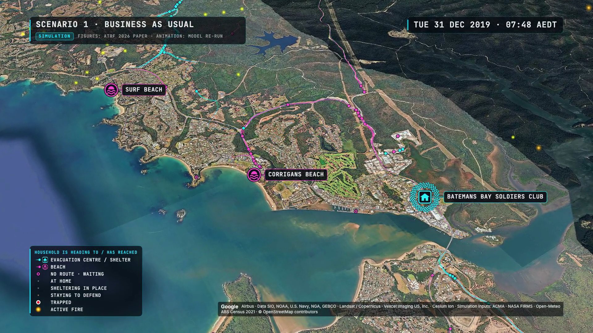 FireSim research simulation showing evacuation routes and shelters around Batemans Bay